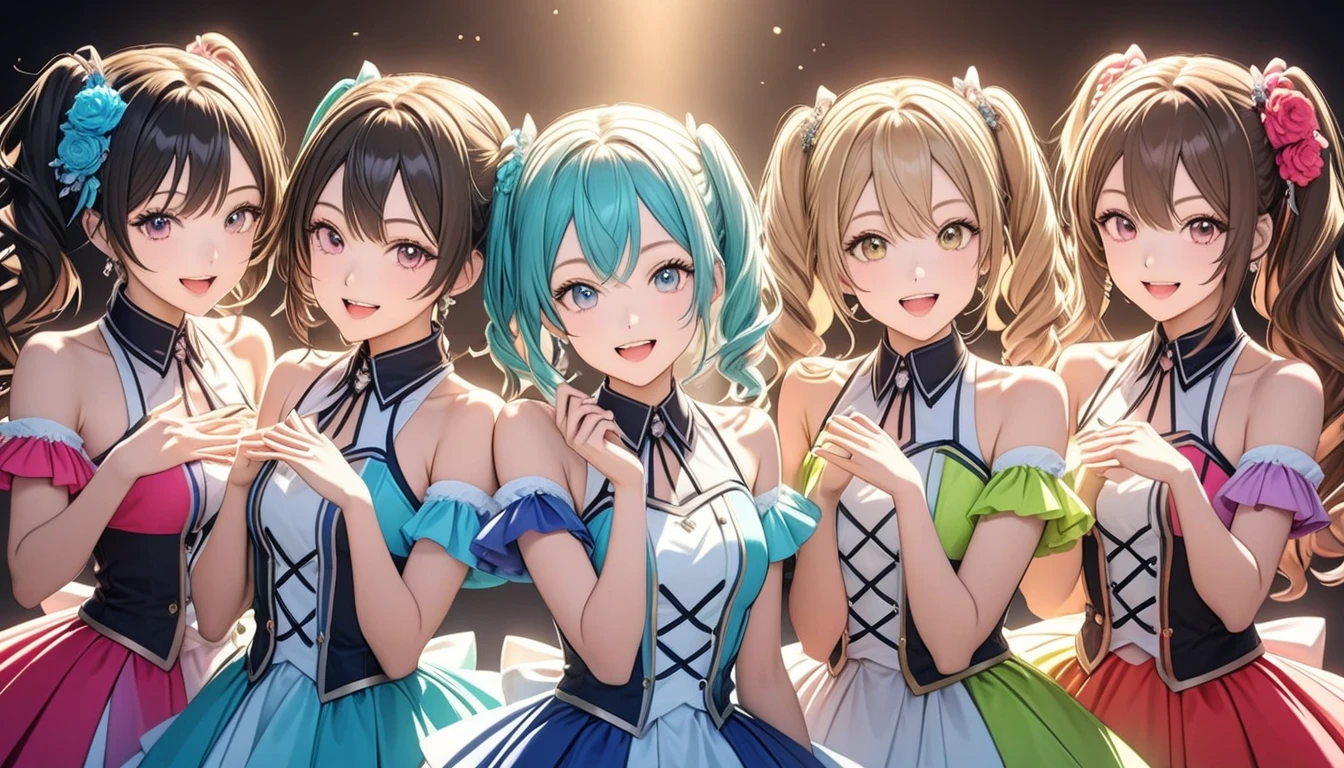 (Five-member idol group 1.5), Wide Shot, Moe pose, Publicity photo shoot, Face Focus, (Pastel colors abound), (Semi-long hair, ponytail), (Beautiful green eyes with beautiful details), (((cute, Smile))), cute衣装, The cameraman takes the best shot from the angle, Very detailed CG 8k, Very nice 8K CG wallpaper, Beautiful Anime, 8K Anime Art Style, Anime Style、Detailed 8K animation, (masterpiece, Highest quality), High resolution, Very detailed, Ultra Sharp, Cinema Lighting