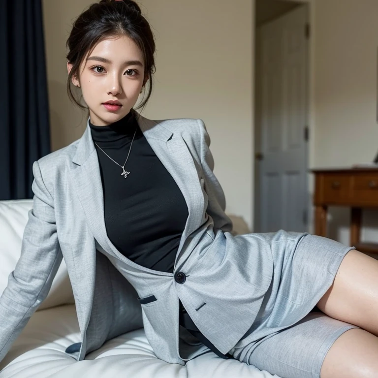 (disorganized, RAW photo, very delicate and beautiful, masterpiece, highest quality, ultra high resolution, 16k, surreal, super detailed:1.2), perfect anatomy, super dense skin, perfect figure, Highly detailed CG 8k wallpaper, 20&#39;s, very slim body, tight waist, very small head, very small face, delicate facial features, tearful mole, earrings, thin legs, (very huge round breasts:1.1), (full body shot:1.1), (1 girl:1), short hair, (wavy hair:1.1), (suit:1.2), (Jacket:1.1), skirt, (T-shirt:1.1),