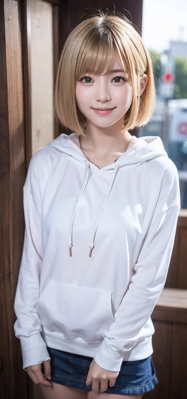 beautiful eyes、(Light beige hair color)、((((White sweatshirt、Wearing a hoodie))))、((((short jeans))))、(((upper body covered with cloth)))、(huge breasts:1.1)、blunt bangs、short hair、straight hair、white skin、strong lighting throughout the body、black background、knee high socks、embarrassing smile