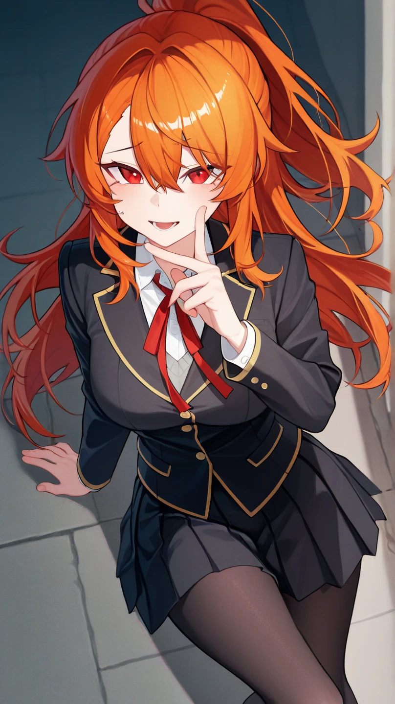 (Award Winning Painting:1.3) of power \(chainsaw man\), best quality, ultra detailed, 1girl, solo, standing, red hair,1 long braided hair, golden eyes, bangs, medium breasts, white shirt, black necktie, stare, smile, (evil:1.2), looking at viewer, (interview:1.3), (dark black background),black pants,(ringed eyes), best quality,ultra high res,1woman,(masterpiece, sidelighting, finely detailed beautiful eyes: 1.2),lustrous skin,glowing eyes, shiny hair, 2 arms, painting, portrait