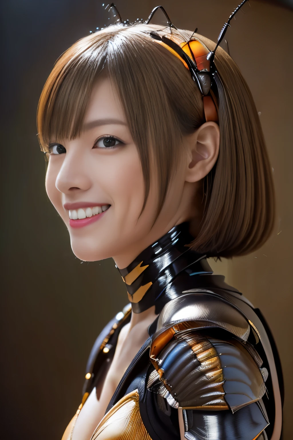 (high resolution,masterpiece,best quality,extremely detailed CG, anime, official art:1.4), realistic, photo, amazing fine details, all intricate, gloss and shiny,awesome many layers, 8k wall paper, 3d, sketch, kawaii, illustration,( solo:1.4), perfect female proportion,villainess, (fusion of dark brown cockroach and lady:1.4), (brown cockroach form lady:1.2), (brown cockroach lady:1.2), (fusion:1.2), (solo:1.4), (evil smile:1.2), muscular, abs, (cockroach brown exoskeleton bio insect suit:1.4), (cockroach brown exoskeleton bio insect armor:1.2), (brown transparency cockroach wing:1.4), (brown cockroach antennae:1.3),