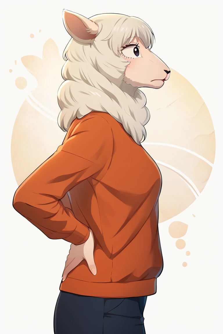 solo, full body, Sebun, seven, sheep girl, anthro, white skin, black eyes, mane, solo, furry female, fluffy, white fur, black eyes, sheep's ear, clothed, pants, (sweater), best quality, highly detailed, high resolution, detailed background, detailed clothing, detailed body, masterpiece, good , handfixer, hands on back