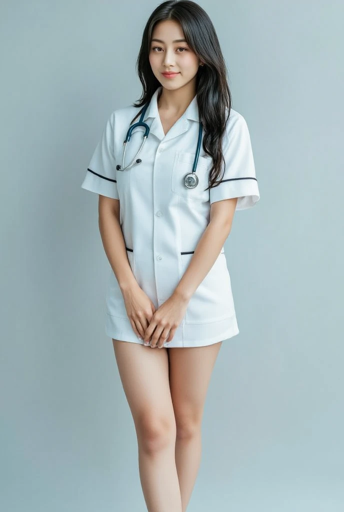 Alafed woman in white nursing uniform poses for photo,Ultra mini skirt、Wear a lab coat over a tank top、Much shorter leather skirts、Sit so that you can see your panties.、Short skirts that look good on the thighs、Glossy appearance、Open your legs from side to side、Take a good look at your panties,、panthyhose、White panty、Beautiful camel toe、beautiful thigh、Beautiful facial features、poneyTail、 nurse girl, Nurse lab coat, close - fitting nurse costume, doctor, sakimichan, (doctor), White uniform, Yasumoto Oka