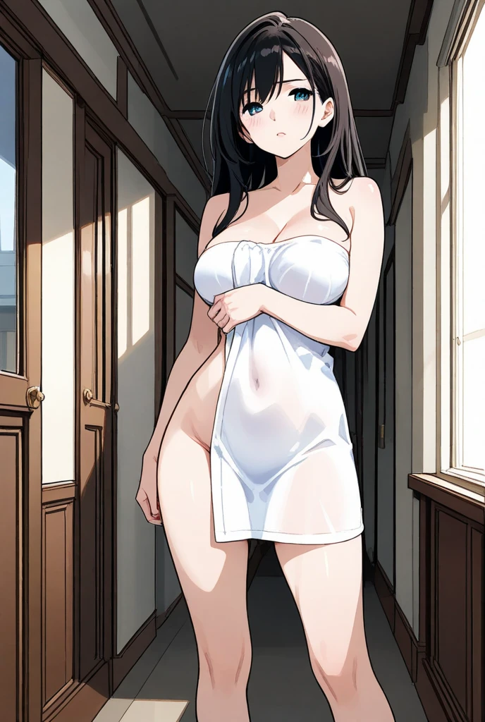 (Masterpiece, Best Quality:1.2), 1 girl, Alone,standing_to divide, Mikan Yuuki, Brown eyes, Brown hair, short hair, embarrassed face , hair ornament,wide, dressing rooms, door opened by accident, (see: 1.45), No panties, No blouse, Sin blaze, tits, desvistiendose, scared, discovered, whole body, alone, accidental nudity
