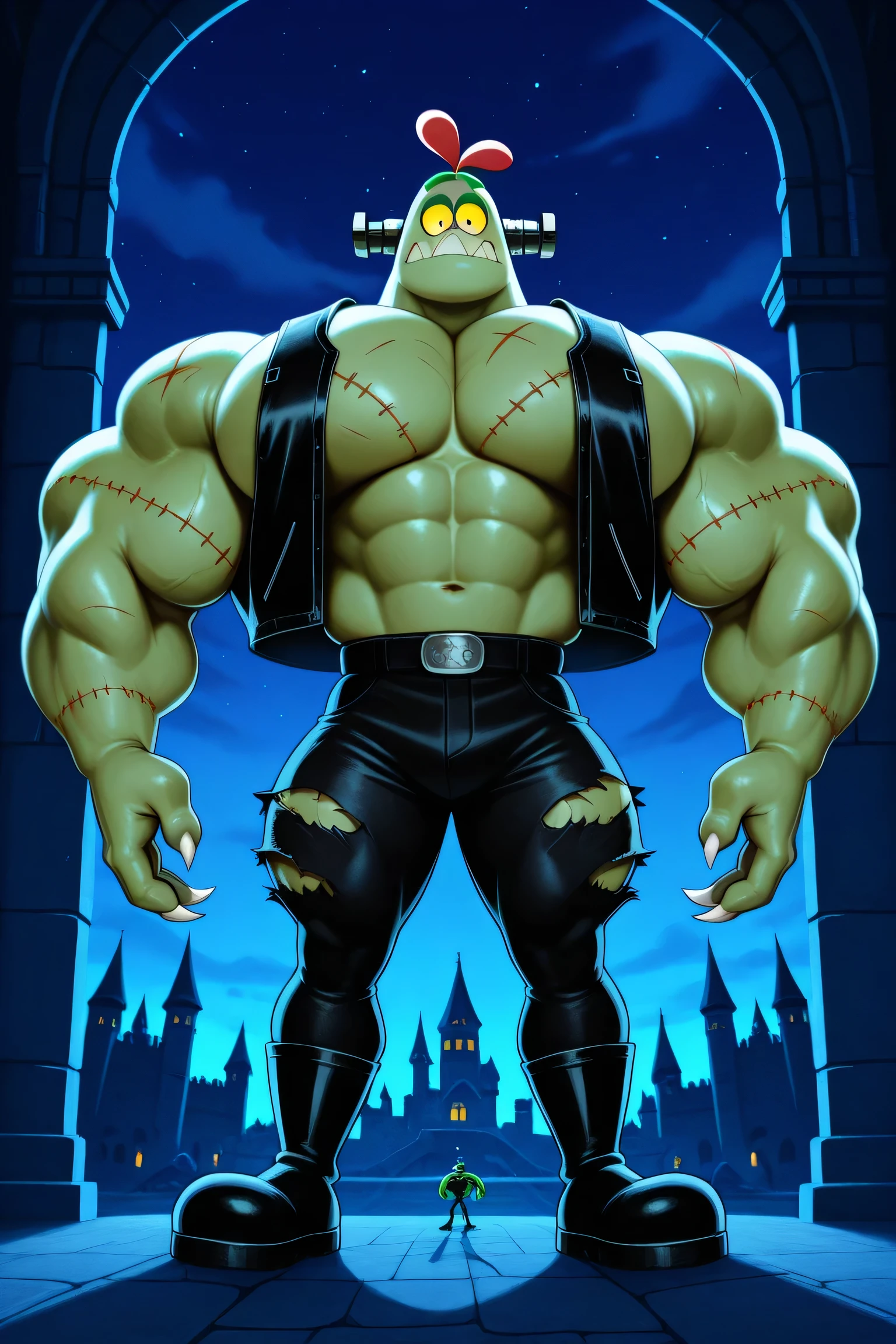 Score_9_up, score_8_up, score_7_up, 1boy, solo, bloo frankenstein monster, green skin, hands, long legs, big feets, nuts on the head, stitches on the body, scars, sharp teeths, black ripped vest, ripped pants, muscular body, ginomous biceps, enormous pectorals, sharp claws, metallic black boots, castle interior background, night sky background, cartoon 2d style, bigger cartoon yellow eyes, green eyebrows, giant size, macro size, 50-foot size.