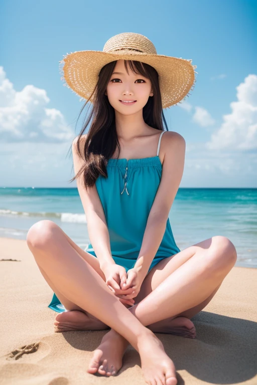 (Best-quality, Masterpiece, Ultra-High-Resolution, (Photorealistic:1.4), Raw Photo, depth of field, professional lighting, perfect anatomy, extremely details), (at summer-beach, beautiful sky, beautiful sea, beautiful sand-beach), 1girl, the most famous Japanese idol, (((drunk, grinning))), wearing summer-clothes, (((((extremely beautiful and extremely realistic skins))))), ((((extremely cute and extremely big black-round-eyes)))), ((extremely cute face like the most popular Japanese idol)), (extremely beautiful black-long-hair), (extremely cute long-eyelashes), (extremely cute lips)