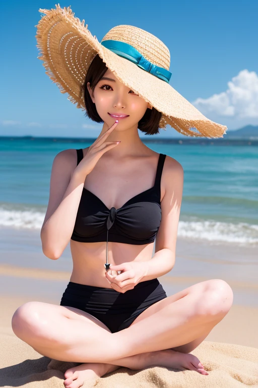 short cut hairstyle, Japan woman, 28 years old, coast, swimsuit, Nozomi Sasaki, beach, plain swimsuit, smile, --auto --s2