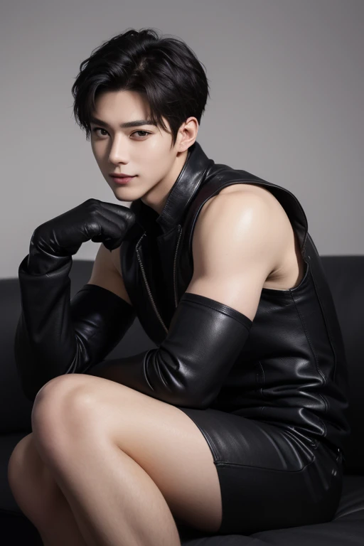 male,Thin waist, Broad shoulders,Long legs,short hair,Song Weilong wearing black latex suit、Wear latex gloves,Abdominal muscles,Whole body appearance,Chest muscles,Physical Education student,No beard,Squat,no body hair,Black leather boots,No chest hair,No beard,Push your abdomen forward,The whole body is facing the camera,pain,Crotch protrusion,Show your crotch,Upturned buttocks,Obscene bra strap,Neck strap,Wearing black cat earrings,Boys