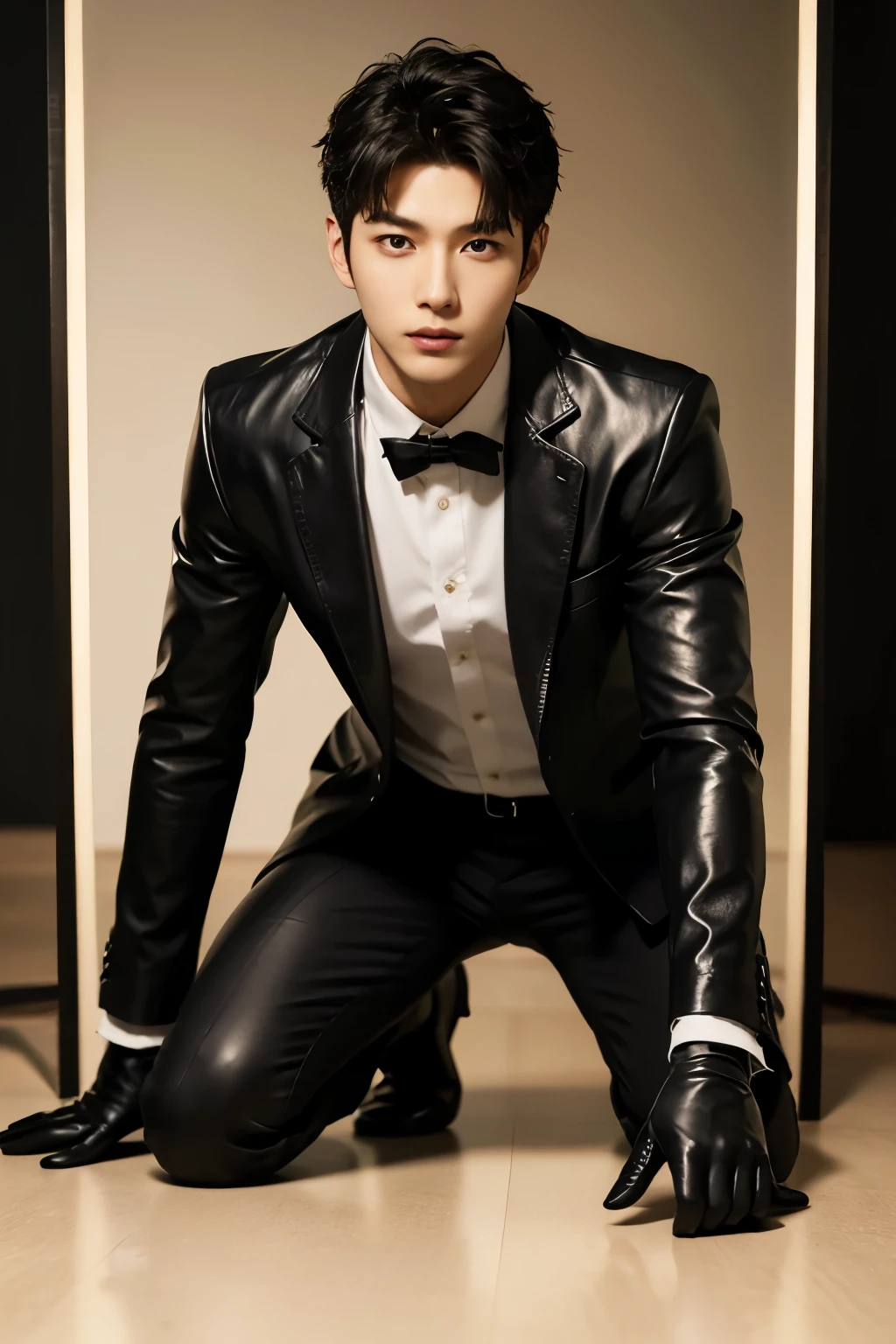 Kim Taehyung as a muscular black-haired gangster, sitting in a club
