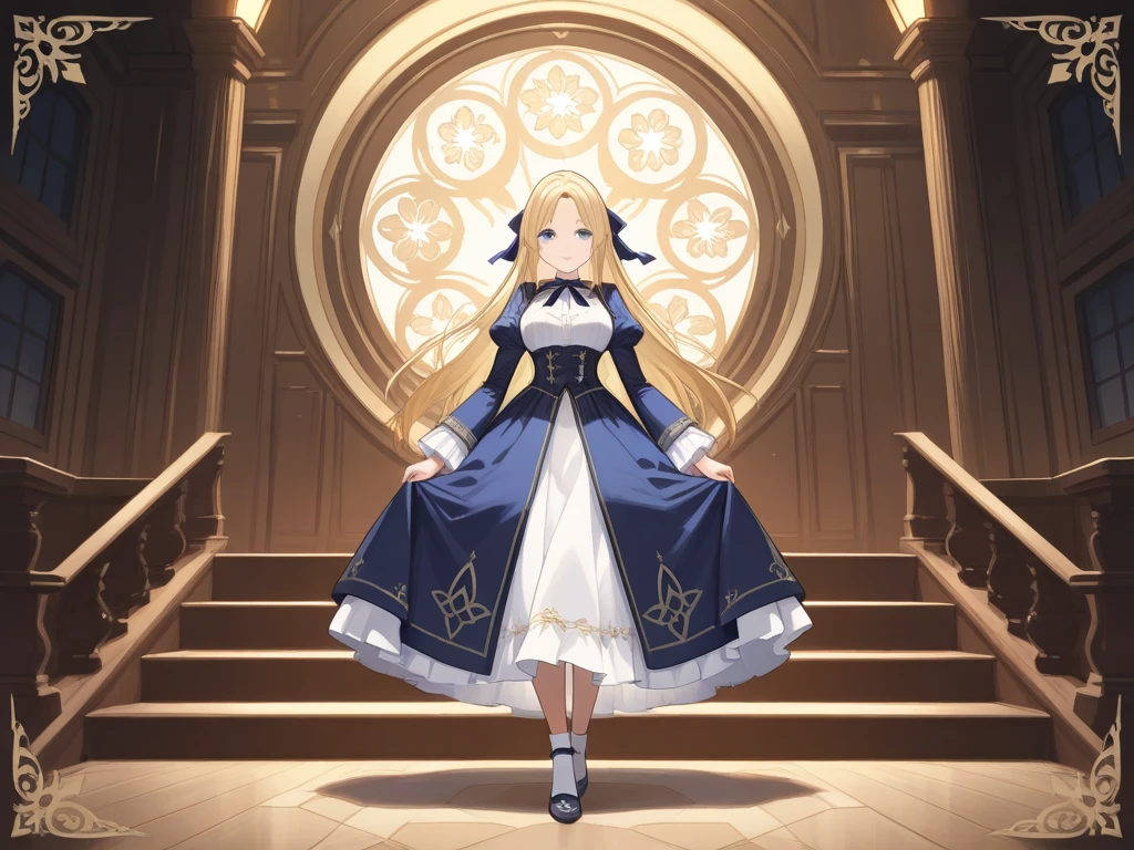 ((best quality, highly detailed)), masterpiece, ultra highres, anime screencap, 1girl, detailed female face, blue eyes, Long hair, Yellow hair, A girl dragging many chains all over her body, fullbody shot, el fondo es una capilla sixtina
