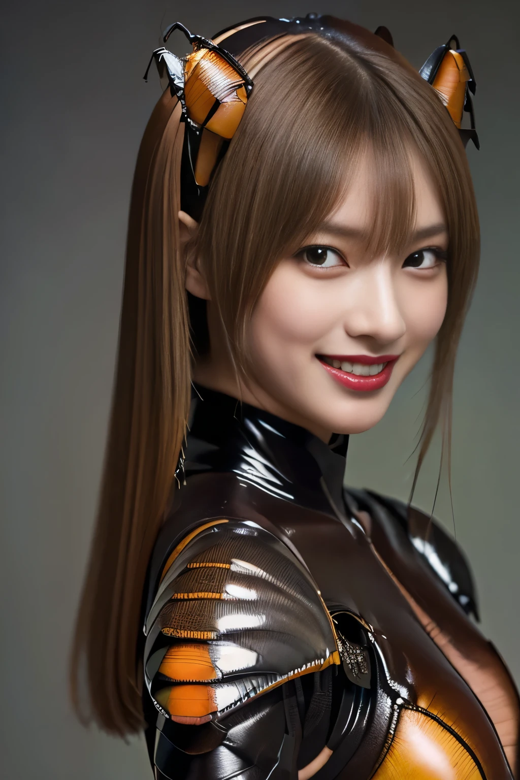 (high resolution,masterpiece,best quality,extremely detailed CG, anime, official art:1.4), realistic, photo, amazing fine details, all intricate, gloss and shiny,awesome many layers, 8k wall paper, 3d, sketch, kawaii, illustration,( solo:1.4), perfect female proportion,villainess, (fusion of dark brown cockroach and lady:1.4), (brown cockroach form lady:1.2), (brown cockroach lady:1.2), (fusion:1.2), (solo:1.4), (evil smile:1.2), muscular, abs, (cockroach brown exoskeleton bio insect suit:1.4), (cockroach brown exoskeleton bio insect armor:1.2), (brown transparency cockroach wing:1.4), (brown cockroach antennae:1.3),