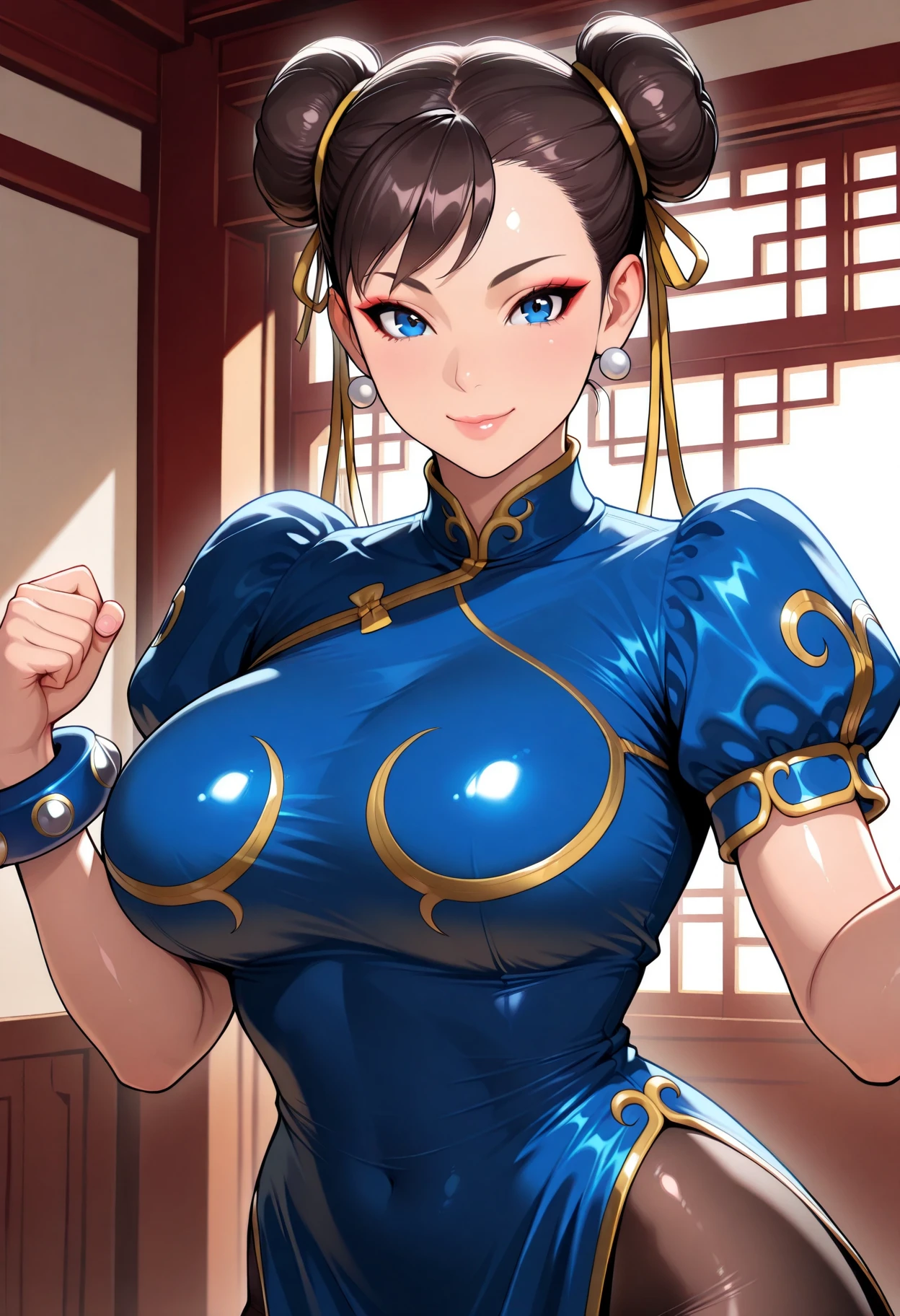 masterpiece,Highest quality, Unreal Engine, Super Resolution, Very detailed,
1 Girl, Waist, thin, (Muscular:0.8)
Round Breasts, Big Breasts, bold, Lips parted, Observe the audience,
Are standing, sexy pose
Waist shot,
Simple background anime style, Key Visual,
Hair Bun, Blue Chinese clothing, Chunli, Street Fighter,