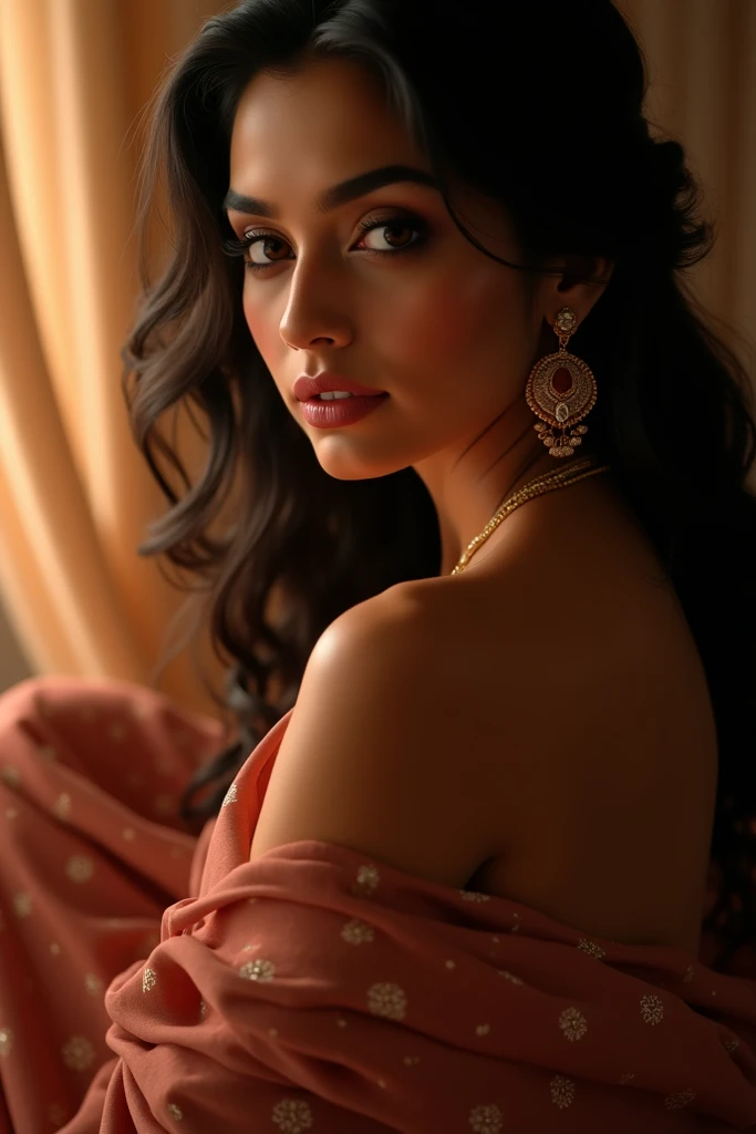 high quality, 8K Ultra HD, A Beautiful Indian Woman, Wearing Transparent Saree, Breasts and Nipples Visible through Her Blouse,  Hair waving