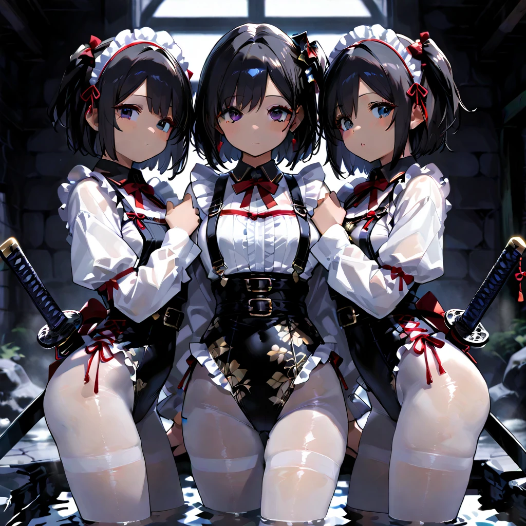 (masutepiece: 1.3), (max resolution: 1.2), (Ultra HDTV: 1.2), cinematric light, 8K resolution, Detailed eyes and skin, detailed facial features, , (Sharp Focus: 1.2), (Focus on Face:1.2),Perfect Style、two womens, One is 15 years old、One is 25 years old、Sit side by side on the bed、open one's legs、Raise the skirt、hugging each other and kiss、One is rubbing the chest of the other、Touching the opponent's chest、Exposed cleavage, Soft breasts, red blush,No bra,Hugs and deep kisses、(Grabbing each other's breasts:1.8)、Grabbing the butt、 full of sweat, Wet underwear、Hollow eyes,Disheveled clothes、White bra、White underwear、(detailed maid outfit:1.8)、Stockings、One has long black-brown hair and blue eyes、One is a short bob with gray hair、Functional expressions、(They、Staring at each other:1.8)、Exposed panties、nsfw