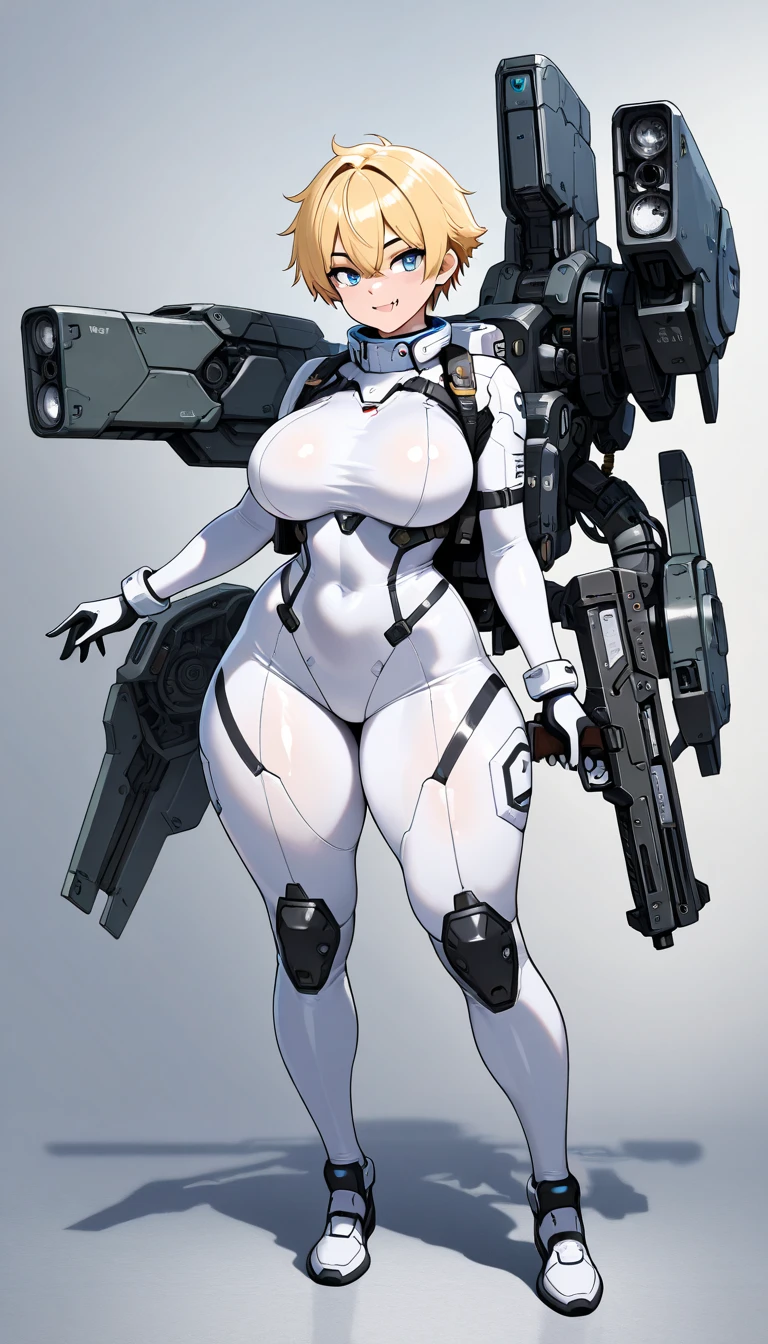 (one anime girl, glasses, white short hair, huge breasts, white futuristic suit, watching on viewer, in a shy pose), ((white background)),(((in full growth,full body)))