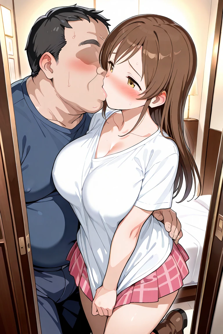 (NSFW:1.4)、highest quality、ultra high resolution、巨大なchest、picture perfect face、beautiful expression、beautiful face、beautiful eyes、20 year old girl、beautiful feet、full house、(lots of men、Male molesters)、(((( An old 男 standing near a high school girl、Grab your butt.、old 男 grabs high school girl'chest、touch from the front.、Wo man Cries:1.2、they hesitate、3 males、1 fe male、 with a 男、torn clothes))))、(can enter) 、( to the body、Large scale )、look of fear、blushing face、My pants dig into my crotch、(Old man grabs high school girl's head:1.0)、(old man licks)、wo man'、head band、ribbon、mini skirt、off shoulder sweater、(intercourse with a man)、(man inserts dick)、(男の顔がchestの間にある:1.4)