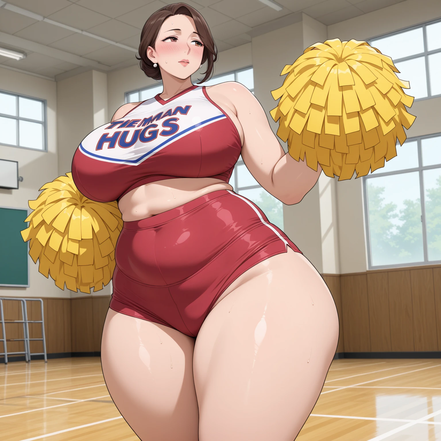 ((Masterpiece)), perfect anatomy, perfect shading, field of depth, (best quality), extremely delicate and beautiful, perfect lighting, detailed face, ultra cute face, cute, (cowboy shot 1.2) , looking at viewer, full body, (((1girl))), (((solo))), cheerleader long hair, fluffy hair, brown hair, ponytail, green eyes, ((blush)), (cheerleader uniform), (white tank top 1.2), (short section red skirt 1.2), thigh highs, chocker, extremely tight clothes, large breasts, cleavage, perky breasts, (wide hips), (thick thighs), chubby, pudgy belly, School gym, intricate background, detailed background, sweaty,
