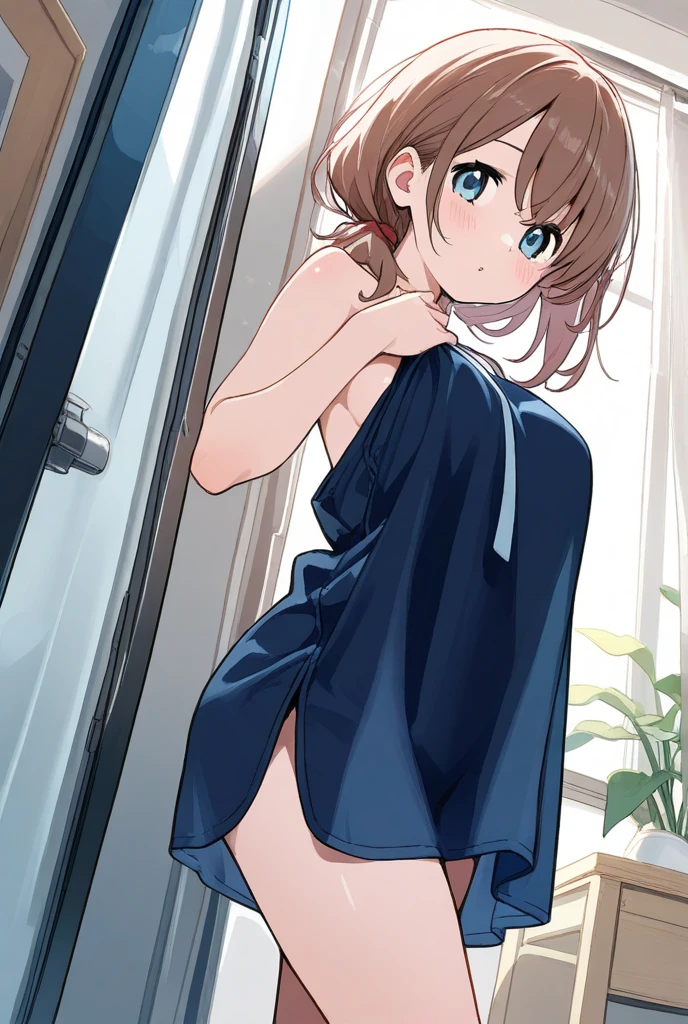 mano_sakuragi_\(idolm@ster\), (kinako_(shiratama_mochi style), detailed background, masterpiece, hyper realistic, realistic skin, best quality, 1girl, rooftop, medium breasts, huge nipples, erect nipples, looking at another, topless, full body, vector illustration, nipples, light smile, blunt bangs, short hair, stomach, navel, bare shoulders, light brown hair, laundry, clothesline, black skirt, white waist apron, sweaty, raining, blue sky, rinsing clothes, doing laundry, stretching, open mouth, resting, maid, wet body, windy, concrete, urban