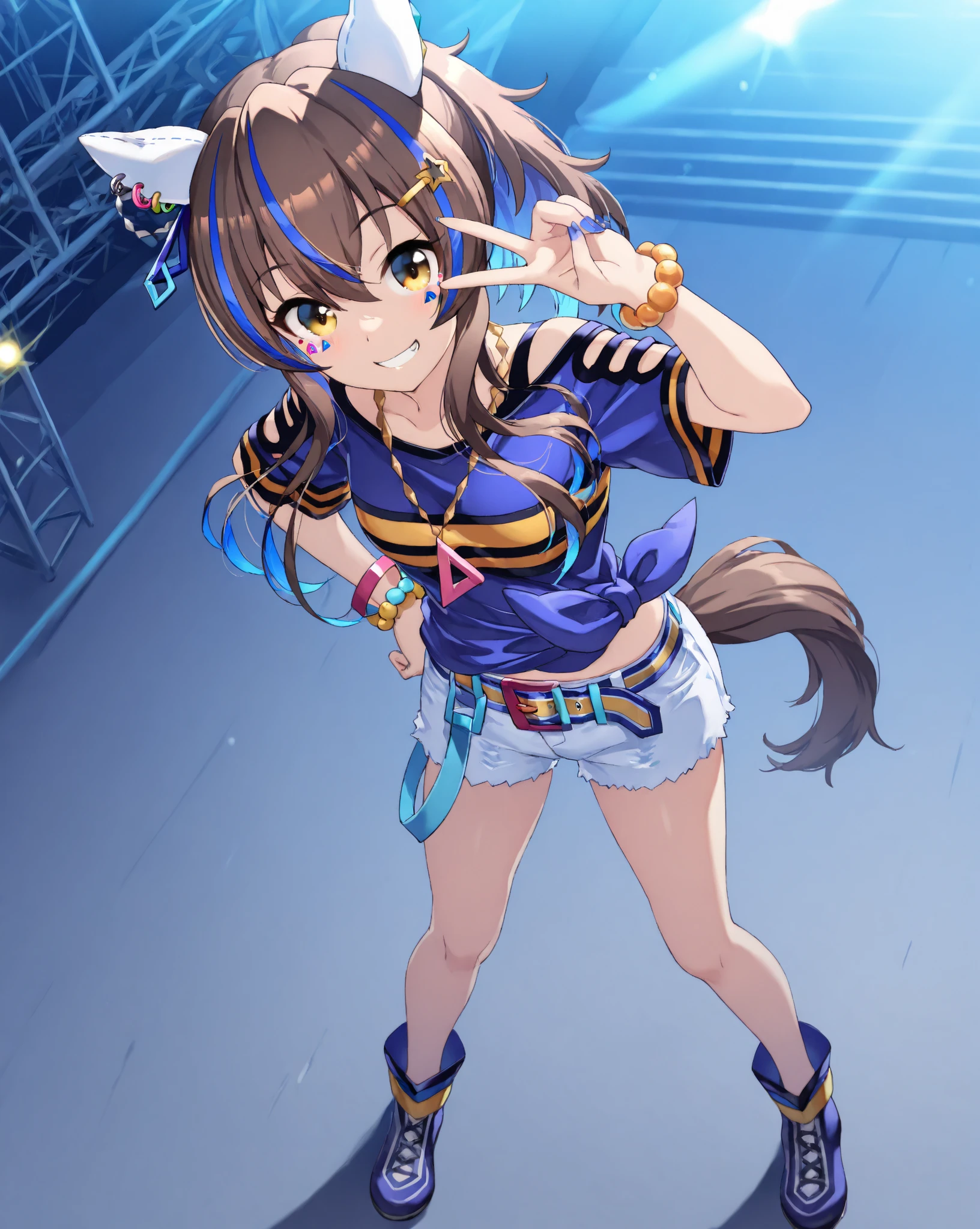rice shower\(umamusume\)),(masterpiece),shape,brown hair,long hair,purple eyes,flowing bangs,long bangs,long hair,small breasts,hair covers right eye, smile,looking at the viewer,((highly detailed eyes)), (((bikini))), masterpiece, highest quality, (abnormal body, small breasts, horse tail,smile, pool, whole body, frontage, hot pants denim