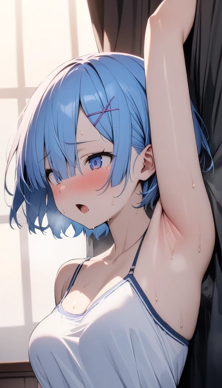 best quality, amazing quality, very aesthetic, absurdres, 1girl,arona (blue archive), blue archive, blue eyes, (artist official art:1.5), (realistic face:0.65), blush, breasts_apart, small breasts, cinematic light, (laboratory), collarbone, commentary_request, cowboy_shot, downblouse, dress_shirt, green_skirt, hair_intakes, hanging_breasts, highres, lab_coat, leaning_forward, long_sleeves, looking_at_viewer, open_coat, open_mouth, sleeves_past_wrists, solo, white_background, white_shirt, nsfw, concept art, expressive eyes, perfect face, 4k, extremely detailed anime illustration, extremely detailed eyes, enhanced details, perfect anatomy, light rays, photo background, extremely delicate body, smooth skin, feminine expression, black background, cristal clear eyes, beautiful face