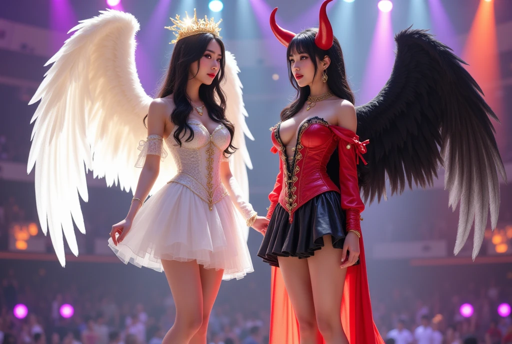 Dynamic shot, dynamic angle(multiple characters), ((3 females)), A picture of 2 beautiful succubus dominating sexy nun on a leash, in sexy nuns crowd, ((2 demon females long hair and a nun short hair)), (nun, squatting, legs spread, chain tied, chained , exposed, scared, obedient, insecure, burning halo, demon wings, wings spread, demon tail), (2 beautiful female demons around, dominating, standing above, holding halo, power pose, fingering, hand in panties), demons, beautiful succubuses, horror, dark, sexy, rough domination, domination, bdsm, golden chains,(golden leash), collar, beautiful bodies, slim, highly detailed faces, horns, horny, scared, stockings, blue nun uniform, (white silk lingerie underwear, white stockings, white gloves), leather tight boots, looking up, closeup, blue light, blue tones, highres, sharp focus,(ultra detailed,extremely detailed),(photorealistic artwork:1.37),(extremely detailed CG unity 8k wallpaper),(intricate),(masterpiece),(best quality),(intricate background),photo realistic,analog style,((intricate detail)),(((realism))),