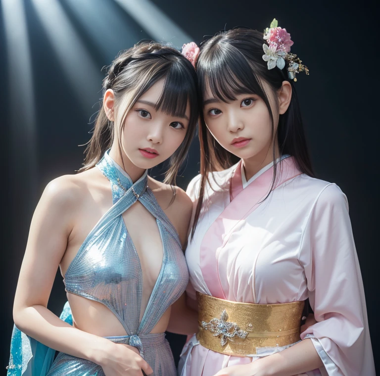 bedroom，big bed，There are paintings on the walls，curtain，Standing,2 girls,((face to face)),Kiss each other,((Their chests were squeezed together and deformed)),bun,Shy smile,((The hemp rope is wrapped around the neck and tightened)),Short cheongsam，((huge boobs:1.5)),arms were tied behind the back with hemp rope，Cross hands behind back，Wrists tied together with hemp rope，Thin waist，