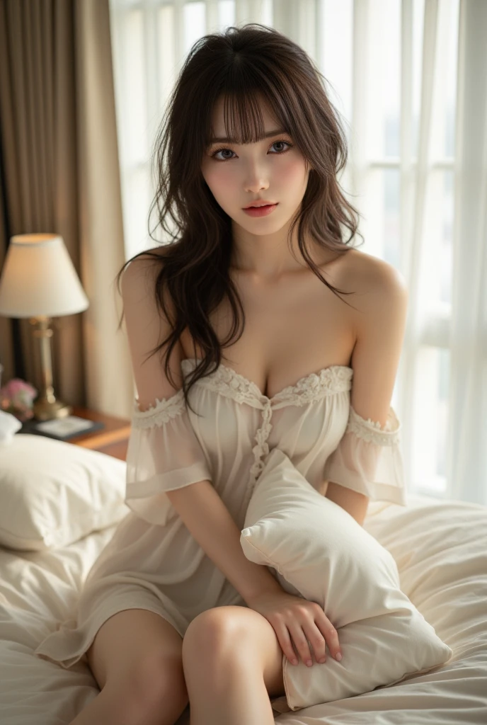 masterpiece、8K、32K、highest quality、(cute japanese woman、bangs:1.3)、23 years old、1 girl、elegant、(summer:1.1)、sunset、(huge cleavage:1.2)、sit、(black hair:1.2)、dripping sweat