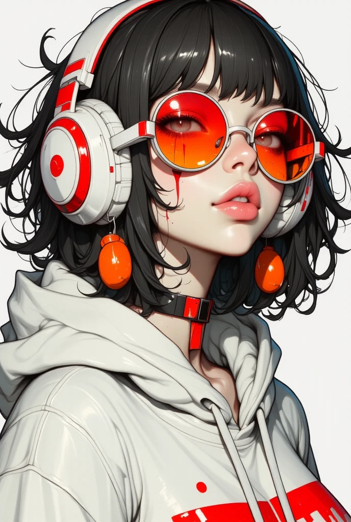 ((top-quality)), ((​masterpiece)), ((ultra-detailliert)), (extremely detailed fine touch:1.3), (2D:1.3),Fantasy style 1girl solo short hair are on fire, (((under-rimmed glasses:1.3))), (headphones:1.3), medium breasts, bare arms,