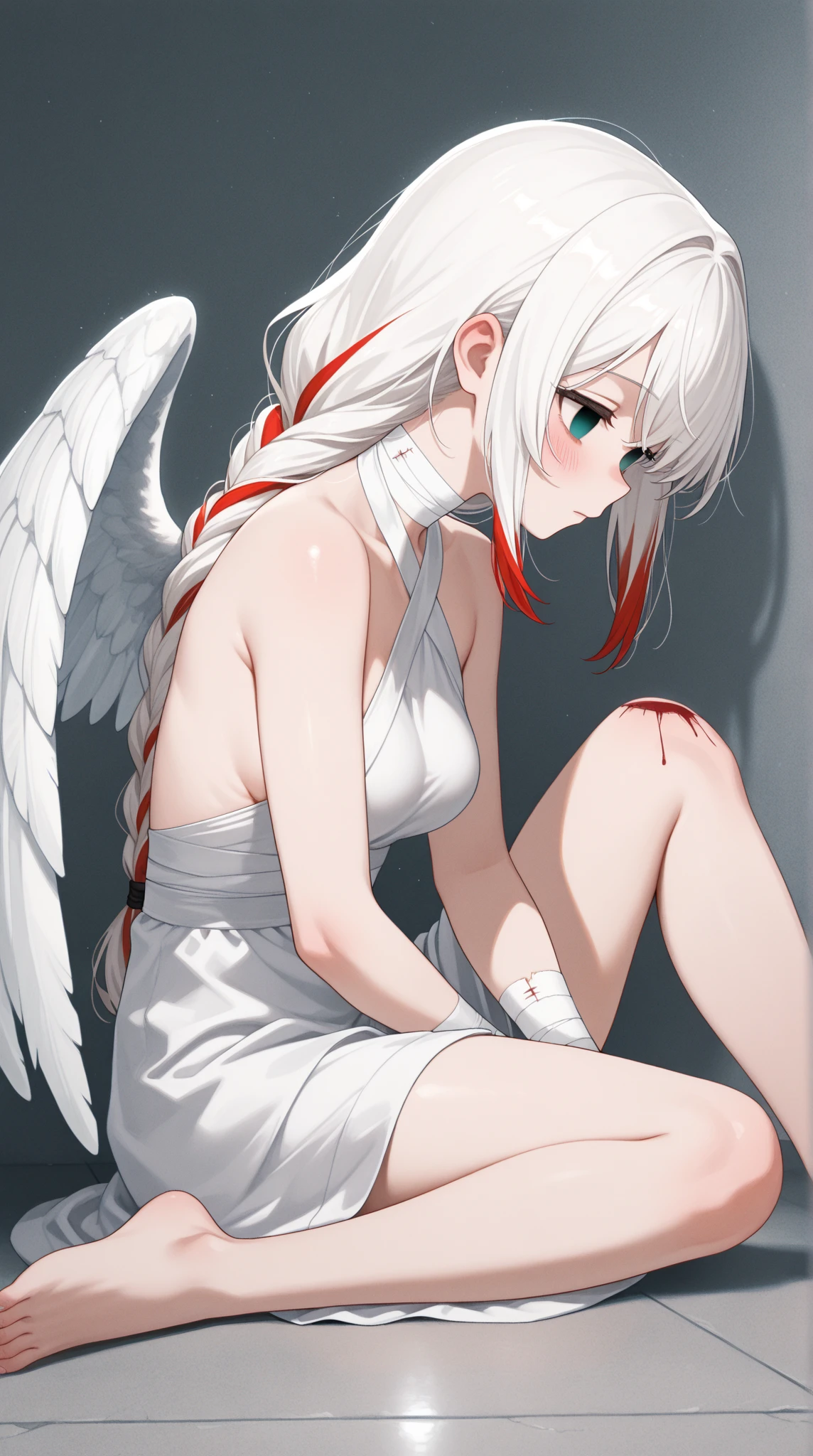 angelicales,wings,wounded,Broken clothes,Folding wings,white clothes,There is a white liquid on the ground
