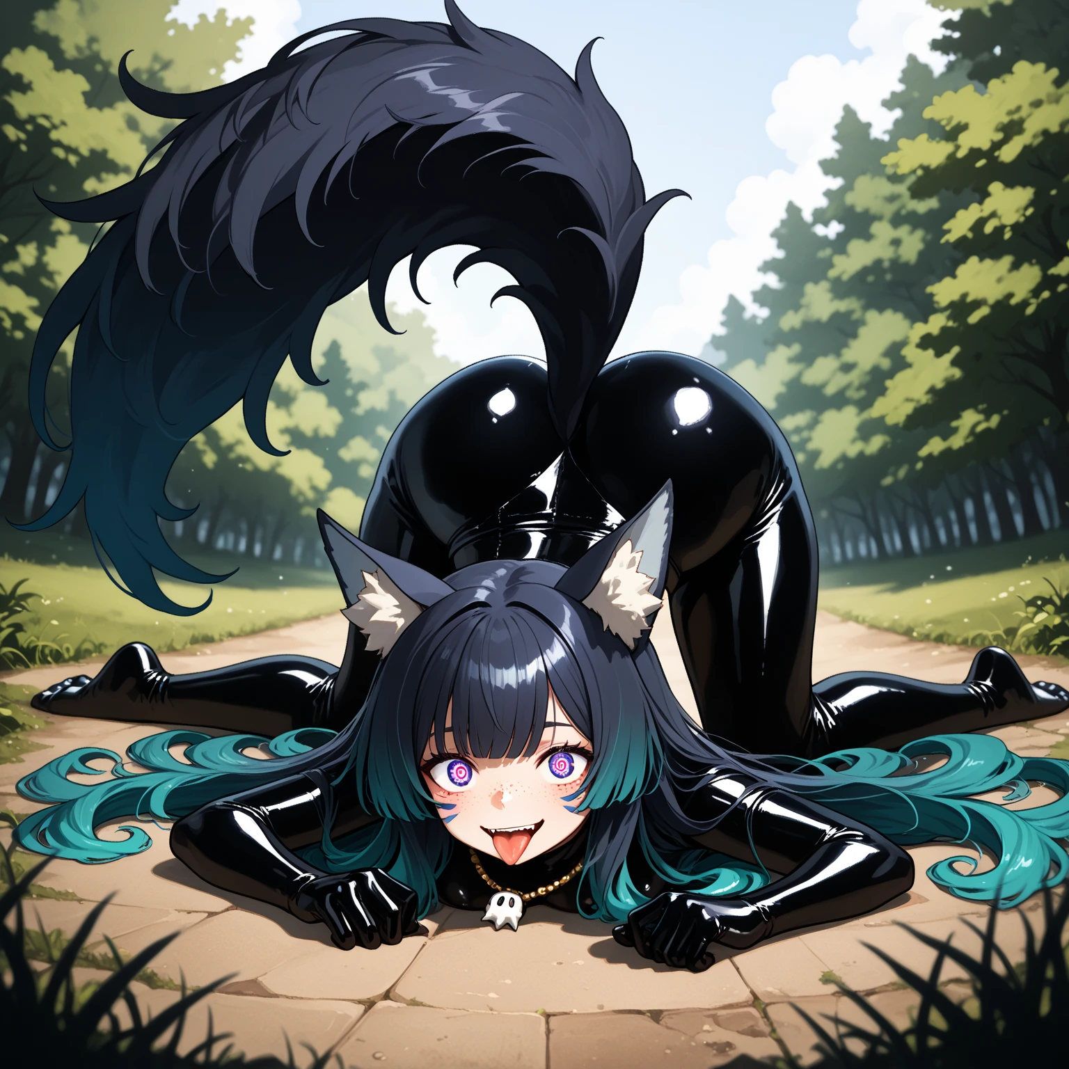 Masterpiece, Beautiful art, professional artist, 8k, art style by sciamano240, Very detailed face, Detailed clothing, detailed fabric, 1 girl, Soul Fullness \(Honkai Impact 3rd\), view from behind, perfect ass, kneeling, pose sexy, perfectly drawn body, shy expression, 4k eyes, very detailed eyes, pale skin, beautiful face, short dark blue hair, (shiny black tight bodysuit), black gloves, gloves that cover hands, Sensual Lips , evening de invierno, show details in the eyes, looking at the viewer, Dark road, dark forest, evening, Atmosphere, fog