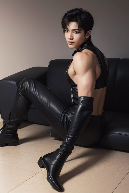 thin waist, wide shoulders,Slender legs,short hair,Song Weilong wears a black latex suit and latex gloves,abdominal muscles,Full body appearance,chest muscles,sports student,no beard,Squats,no body hair,Black leather boots,no chest hair,No beard,Abdomen thrust forward,The whole body is facing the camera,pain,Protruding crotch,Show your crotch,Cocked buttocks,obscene chest strap,neck strap,Wearing black cat ears,male,white hair,purple eyes
