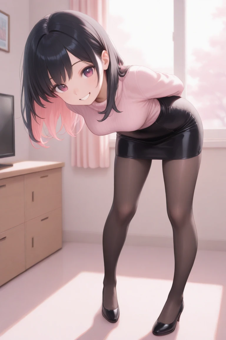 masterpiece, best quality, finely detailed, 1girlgiant, (pink hair), short wavy hair, (bishoujo), embarrassed, cute, (red eyes), (eyelashes), (average breasts), blue shirt, black very short skirt , black tights, blue sneakers