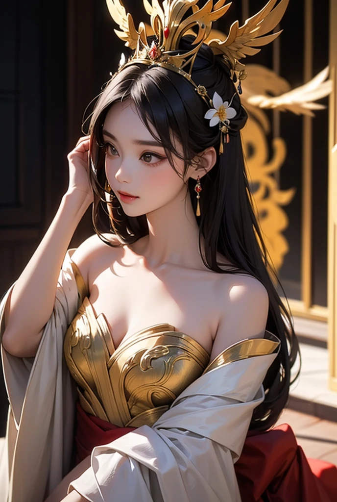 Master quality, highest quality, best picture quality, exaggerated details, a cute 8 asian little gth a shy expression, slightly squinted eyes, adjusting her hair, long eyelashes (long hair / very, very exaggerated big breasts, big tits / in petticoat dress tissue, ), posing sit in front of the camera, wet breast hanfu, slim and tall waist, silk lace, xintong chen, with open v acient chinese clothes, detail breast , detail cheast