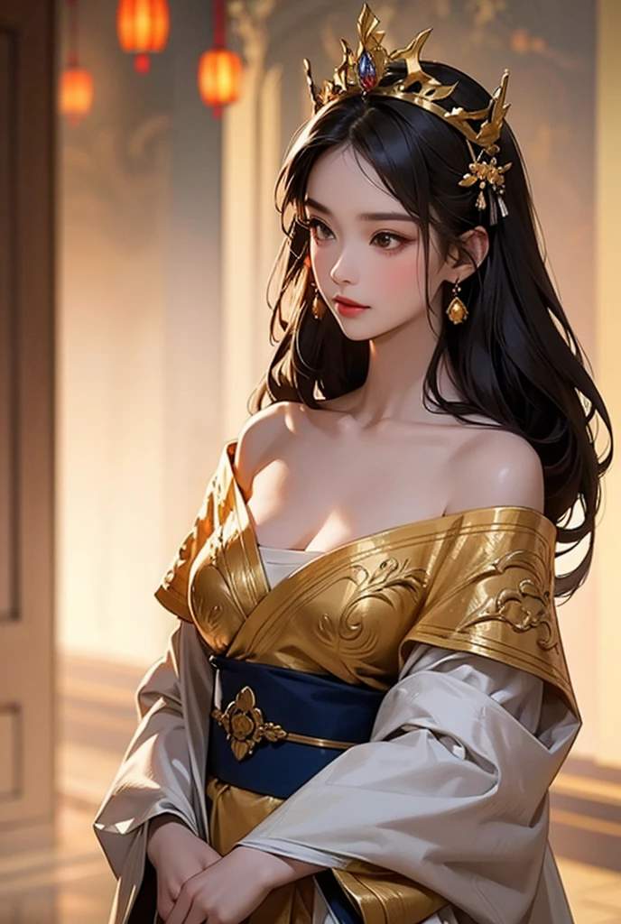 Black Hair, Immortal, Beauty, Royal sister, Stepmother, Gold Yellow Taoist robe, Golden Phoenix Coronet, Hair Bunch, Big breasts, Mature Woman