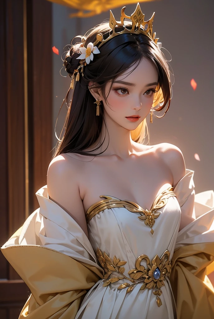 Best quality, masterpiece, high resolution, 1girl, clear silk porcelain dress, beautiful face, hair accessories, looking at the audience, smiling, close your mouth, lips, dress, hair accessories, necklaces, jewelry, long hair, earrings, beautiful face, on the body, Tindal effect, realism, dark studio, edge lighting, two-tone lighting, (high detail skin: 1.2), 8k UHD, DSLR, soft light, high quality, volumetric lighting, photo, high resolution 4K, 8k, blurred background