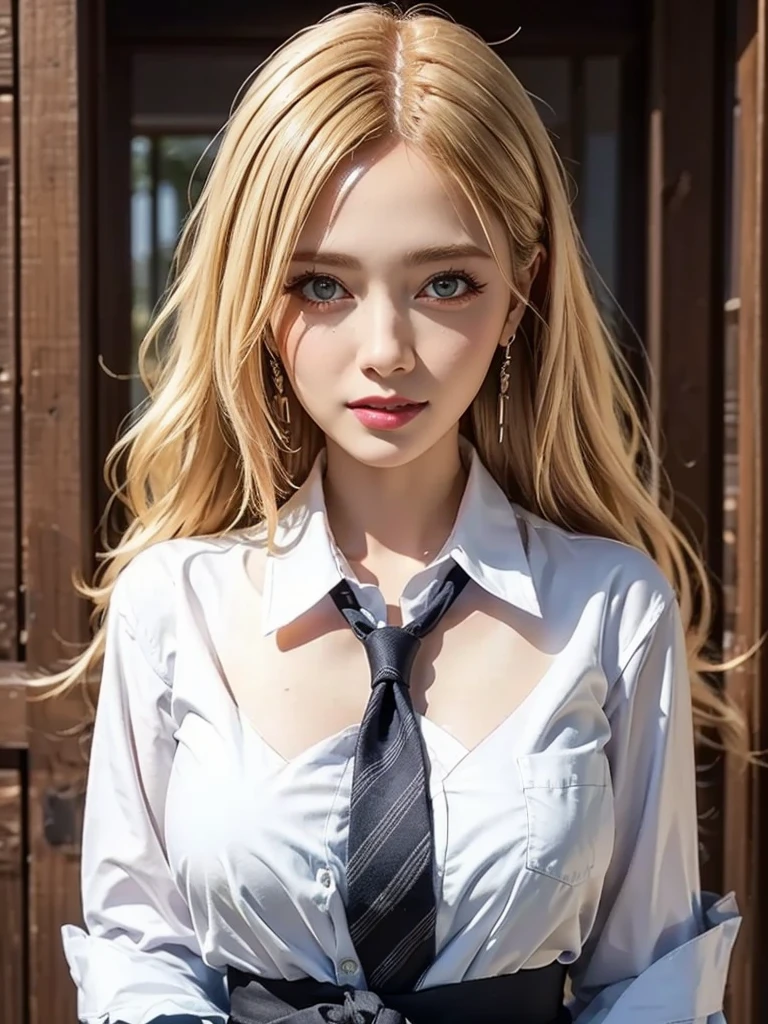Photorealistic, high resolution, 1 Women, Solo, Waist up, Beautiful eyes, Close lips, Detailed face, coiffed blonde hair, Long hair, Collared shirt, black necktie,Black skirt, pencil skirts, Fur coat, Stockings