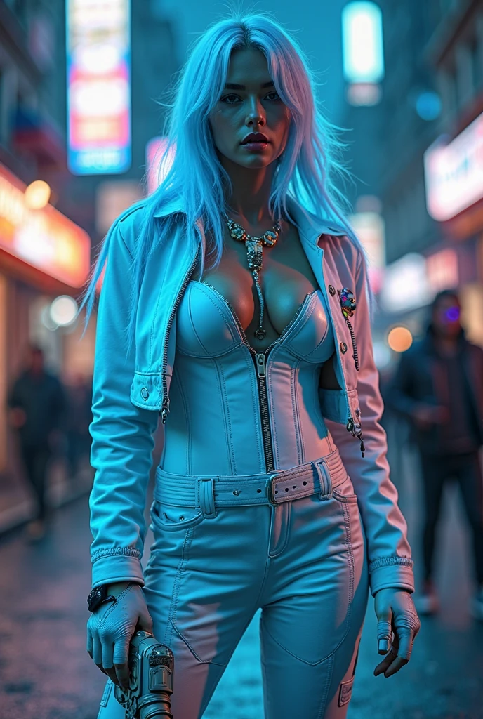 Dans cette scène captivante, nous découvrons une tenue qui incarne l'essence même de l'audace urbaine et du glamour cyberpunk de la tête aux pieds. La pièce maîtresse de cet ensemble est un corset en cuir blanc parsemée de graphitti bleuté, moulant parfaitement la silhouette, orné de lacets et de boucles bio-lumineuse qui attirent le regard et affirment une féminité puissante. Par-dessus, un menteau en cuir bleu à la coupe impeccable ajoute une touche de sophistication rebelle. Ses manches longues et ajustées se terminent par des détails bionique, évoquant une armure moderne pour affronter la jungle urbaine. Le bas de la tenue est tout aussi saisissant : un pantalon en cuir blanc au graphisme de circuit intégré tout en bleu, si ajusté qu'il semble peint sur la peau, accentue la silhouette avec des rondeur élancée et se fond parfaitement avec des bottines plateformes vertigineuses. Ces chaussures, véritables œuvres d'art podales, combinent cuir blanc lustré et semelles massives, couronnées de lacets qui grimpent le long de la cheville. Les cheveux de la femme ajoutent une touche finale d'originalité à cet ensemble blanc bleuté. De longues mèches lisses cascadent sur ses épaules, parsemées de reflets bleu électrique qui semblent capturer l'essence même des néons de la ville. Son visage, à peine discernable derrière un masque d'enigme, ne laisse entrevoir que des yeux – des fenêtres sur une âme complexe, mêlant détermination et mélancolie.Ses bras, enlacés d'encre et de secrets, racontent des histoires silencieuses de batailles passées et de destins altérés. Chaque ligne tatouée est un chapitre, chaque ombre une confession muette. Dans sa main repose une arme bionique, froide et létale, extension de sa volonté et témoin de sa dualité – protectrice et destructrice. Ce look est une symphonie de textures et de contrastes, une déclaration de style qui défie les conventions et embrasse une esthétique à la fois sombre et lumineuse, rebelle et raffinée. C'est l'incarnation pa