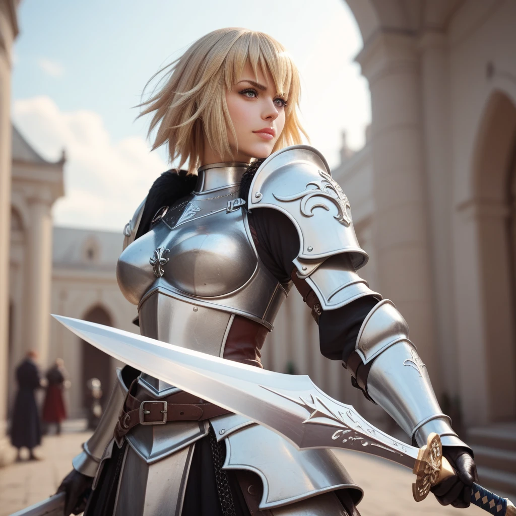 female knight, wearing plate armor, leather pants, full body, view from behind
