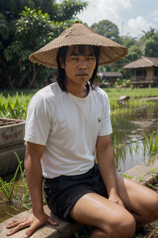 A Thai man wearing a loincloth sits on the balcony of an old wooden house on the edge of a lush rice field. The morning atmosphere