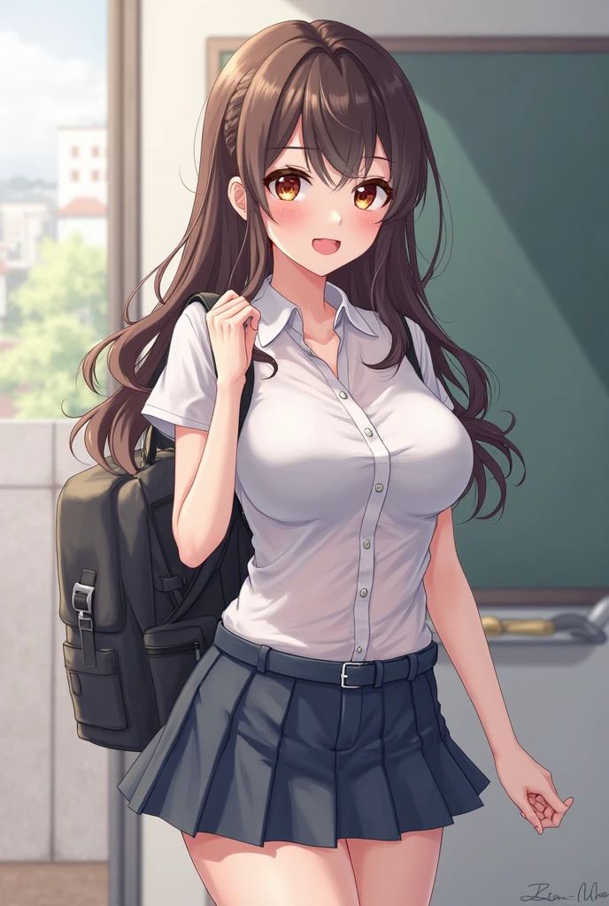 Beautiful girl with a symmetrical face, she looks like Marin Kitagawa, she is 15 years old, she has a perfect body, medium and firm tits, dressed in a Venus miniskirt and a very short unbuttoned shirt, clothes that are very transparent like air, very light, with a very wide neckline, everything. with intricate details, random angle, ((style: Character Design)), red-light brown hair
