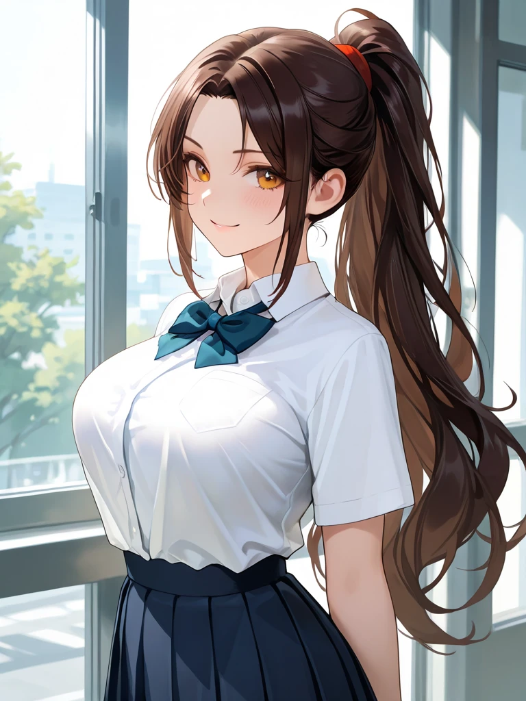 (Girl),(16 year old teenager),(white skin color),(brown eyes),(long wavy brown hair tied in a ponytail),(height 1.68cm),(Average breasts:1.5),(pretty young woman),(slender body ),(wearing),+,(Red pencil skirt),(and a blouse that shows the shoulders and without sleeves),(with the left hand on the waist)