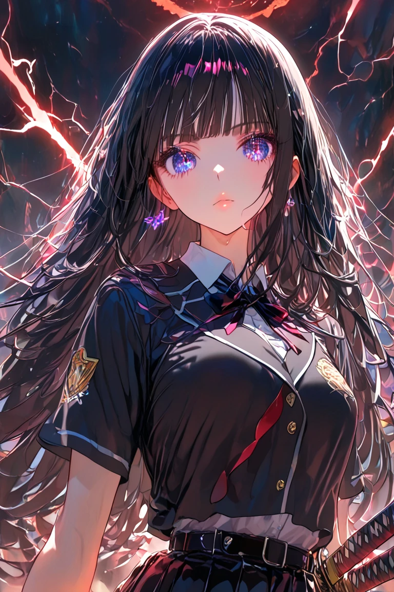 from below, best quality, In the center of the coliseum, a woman raises her hand high into the sky, (red and white magic school uniform:1.2), expressionless, brown miniskirt, brown knee-high socks, incredibly absurdres, extremely detailed, delicate texture, (a huge swirling black hole of red, purple, and black in the sky:1.4), stinking eyes, jet black eyes, blunt bangs, jet black long straight hair