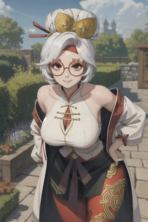 masterpiece, best quality, purah, red glasses, hair ornament, hair stick, red headband, white shirt, bare shoulders, white jacket, black skirt, orange leggings, large breasts, looking at viewer, entrance, garden, leaning forward, upper body, hands to hips, smile 