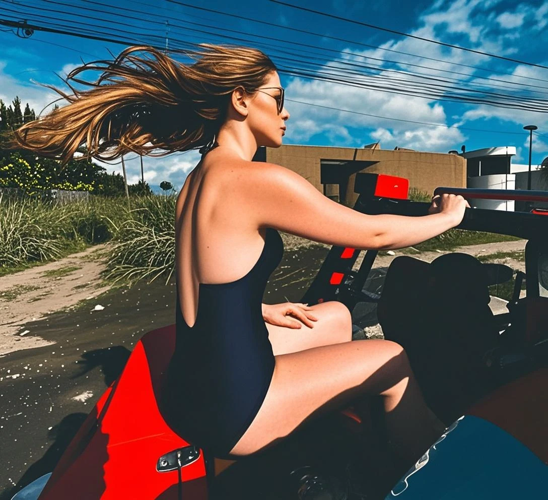 British woman in bikini walks along road beneath giant UFO, Inspired by Helmut Newton, Photo by Alexei Grilev, Photo: Alexei Kurylev, By Thomas Bock, On the road, The woman is bent, Steven Klein, Inspired by Peter Basch, Inspired by Keith Scherer, Flora Borsi, By Matthias Kollroth