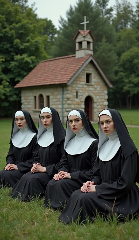 The image portrays a group of nuns dressed in traditional religious habits. Their faces are obscured by brown rectangles, creating a sense of anonymity. At the center, one nun is cradling a baby in her arms. The artwork features a monochromatic color scheme with predominant sepia tones, evoking an antique or historical ambiance.