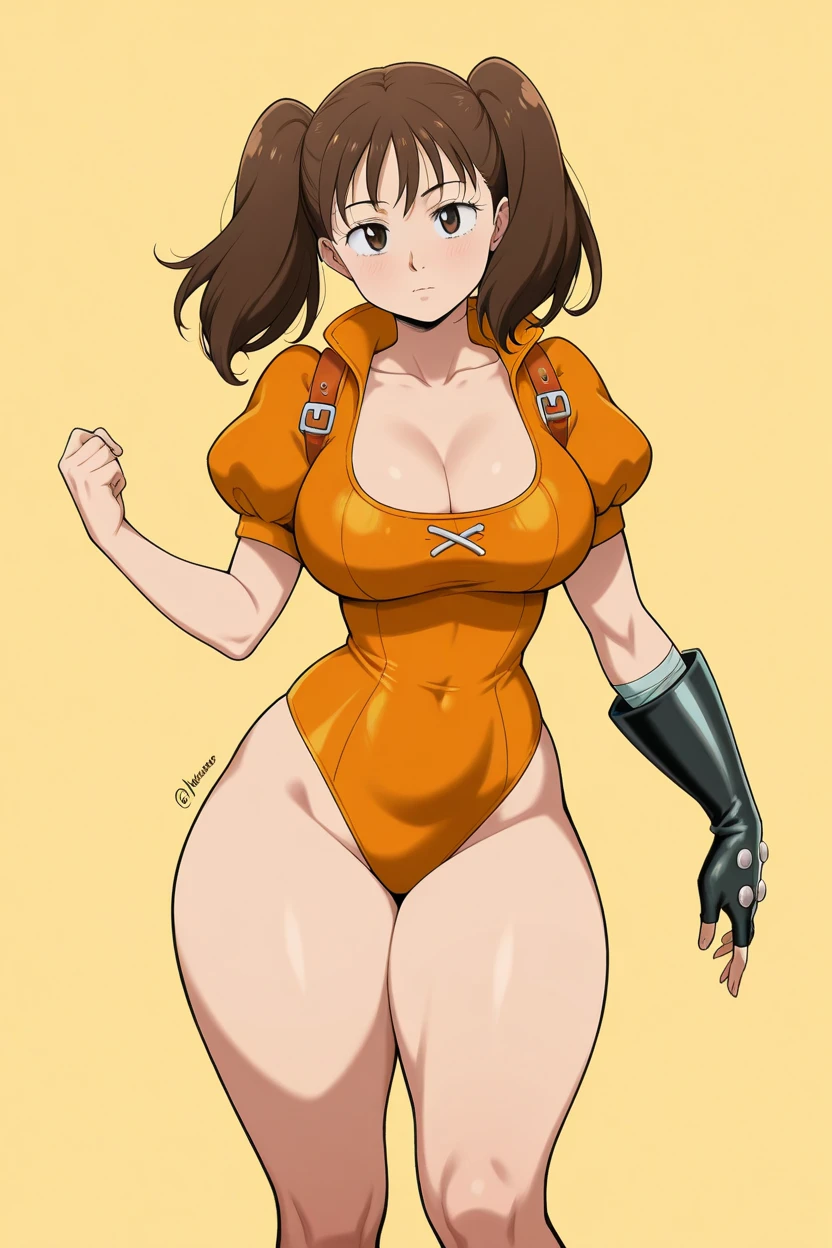 masterpiece, best quality, sdsDiane, sdsDiane, orange leotard, cleavage, collarbone, huge breasts, giantess, giant, looking at viewer, smile, cowboy shot, landscape, standing