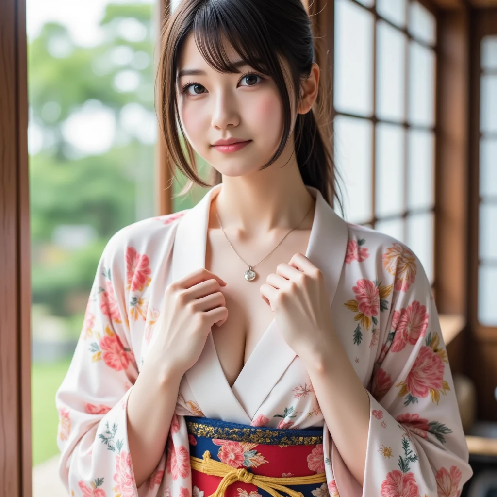 masterpiece、Highest quality、High resolution、Tabletop、wallpaper、Realistic、Bright lighting、Professional Lighting、Face Light、Smooth lighting、Japanese women、Adult female、Beautiful woman、actresodeled、gravure、sexy、so beautiful、Beautiful Skin、Beautiful and detailed、Detailed face、slim、Medium to large breasts、short hair、Brunette Hair、Brown eyes、Looking at the camera、Japanese Kimono、Japanese Yukata、In Fair