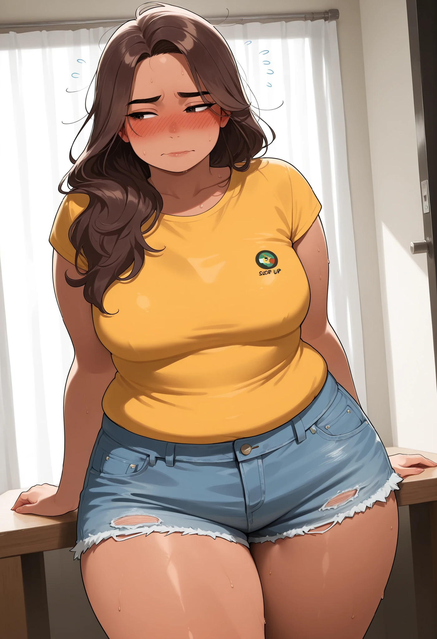1 woman Latino, from Mexico. overweight, insecure, not confident, hot weather, short shorts jeans, too small yellow T-shirt, chubby, pudgy, wide hips, medium breasts, medium length dark brown hair, tanned, latino, adult, mature, no one else behind, embarrassed, blushing,