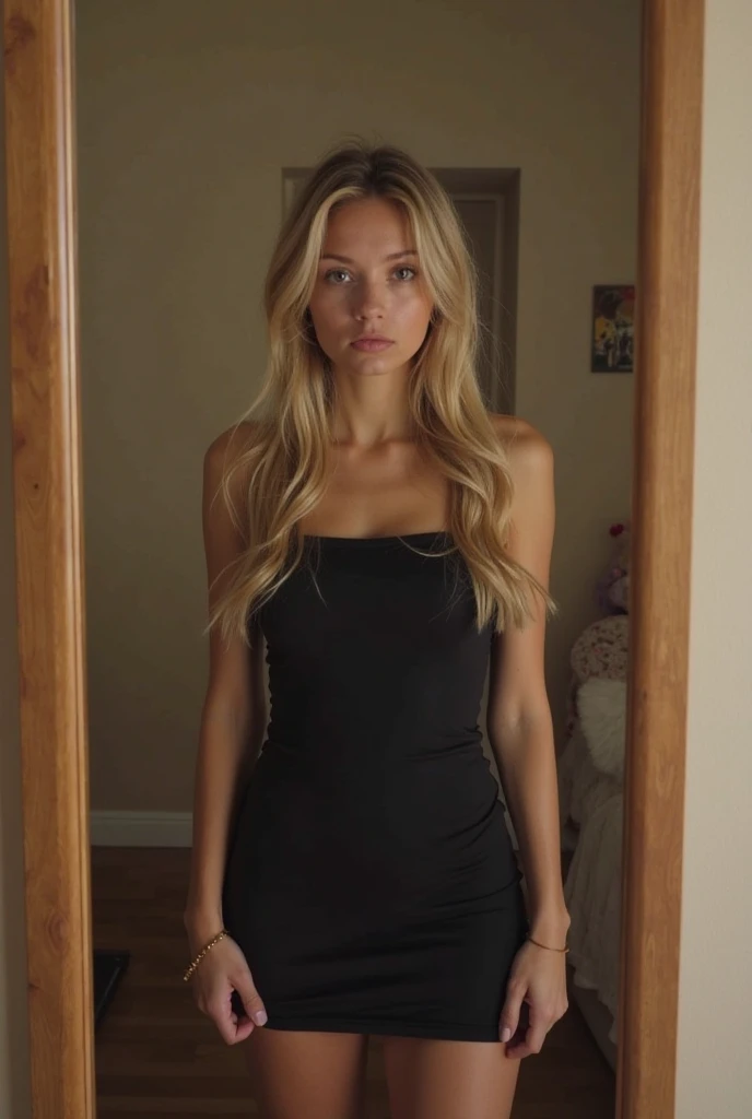 (american girl) (skinny) (realistic) (pure blonde hair) (photo realism) (beautiful) (instagram picture) (nighttime) (80 mm) (black dress) (luxury modern malibu mansion) (living room)