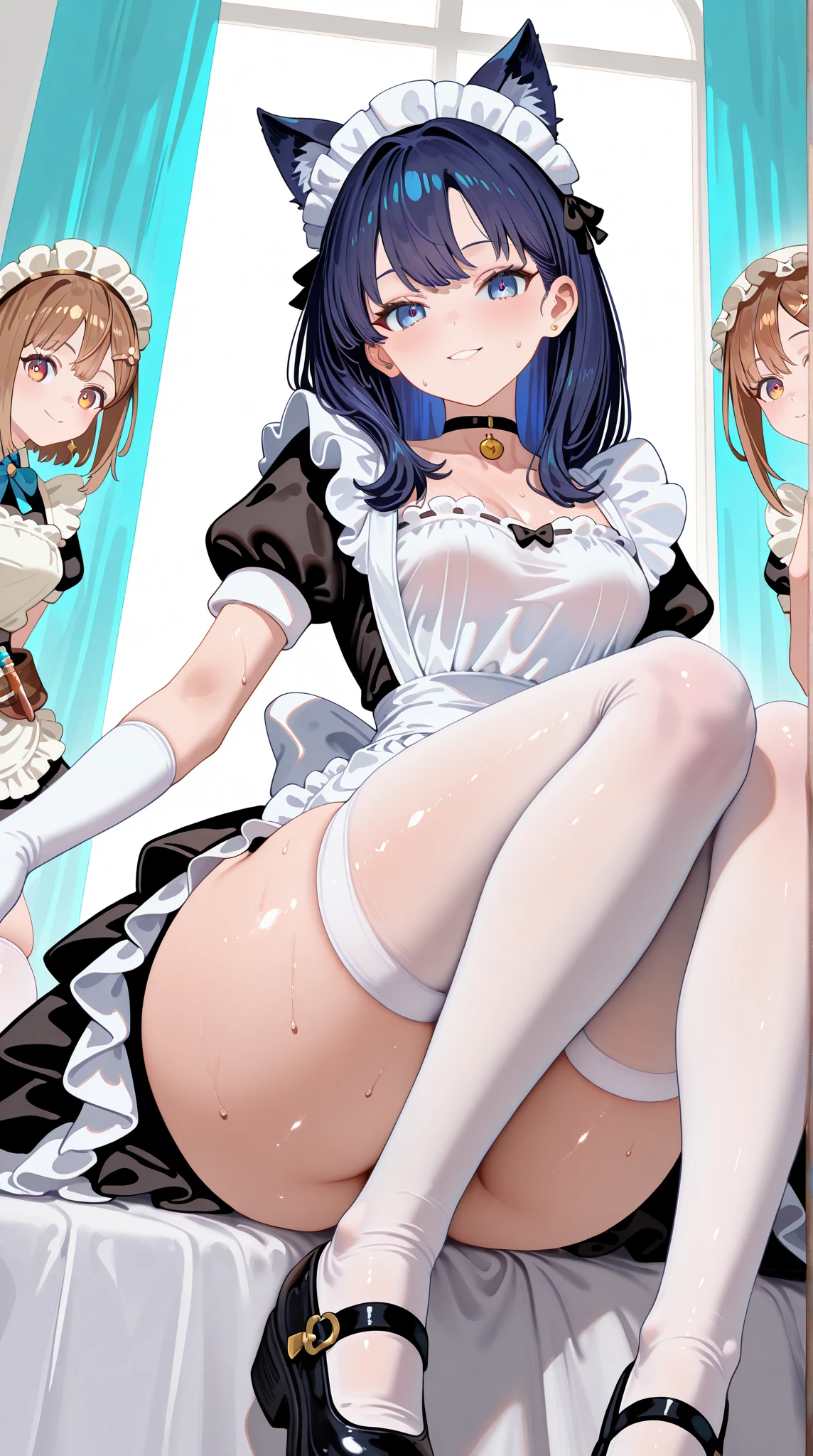 (((focus panties))), (I look up at the five girls from the ground.)、(Five girls are standing in a circle around me, looking down at me.)、circle、(seductive grin), (((5 giant girls)))、((angle from below)), 5 young face, (thighs), 5panties, (angle from under 5 girls),baby face,mesugaki,maid clothes, 